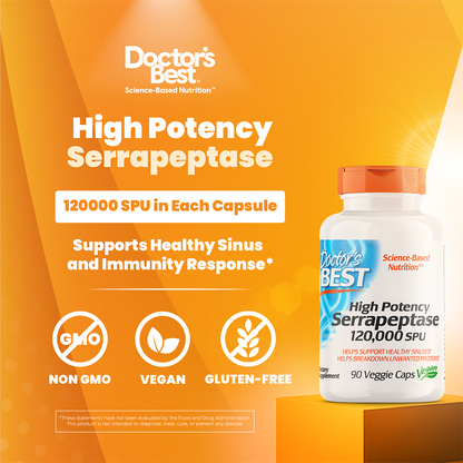 Doctor's Best High Potency Serrapeptase, 120,000 SPU, 90 Veggie Caps
